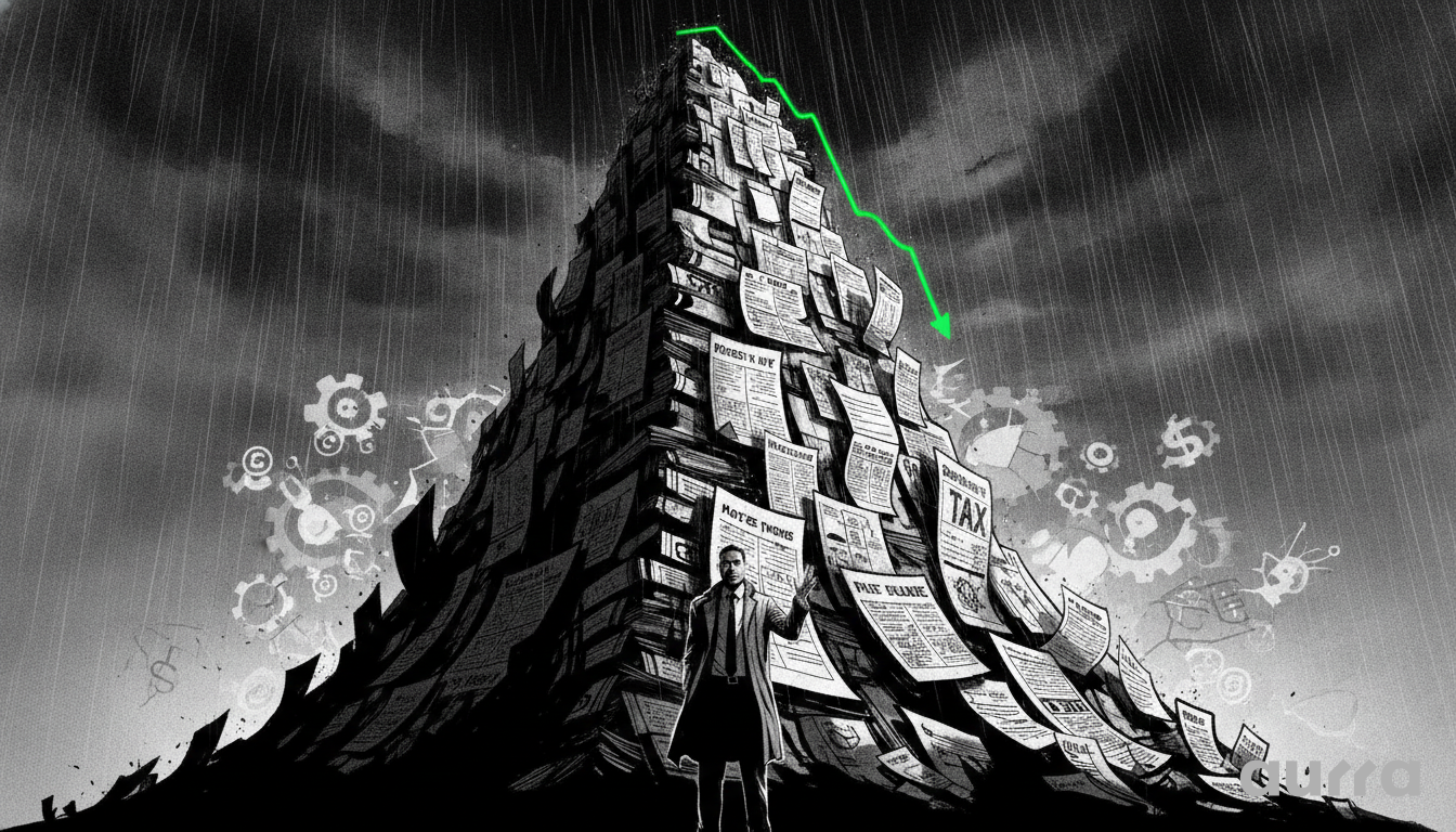 A black and white sketch drawing in image_ebe144.jpg showing a man in a trench coat standing before a massive mountain of tax and financial documents with a green downward arrow, surrounded by mechanical gears and rain.