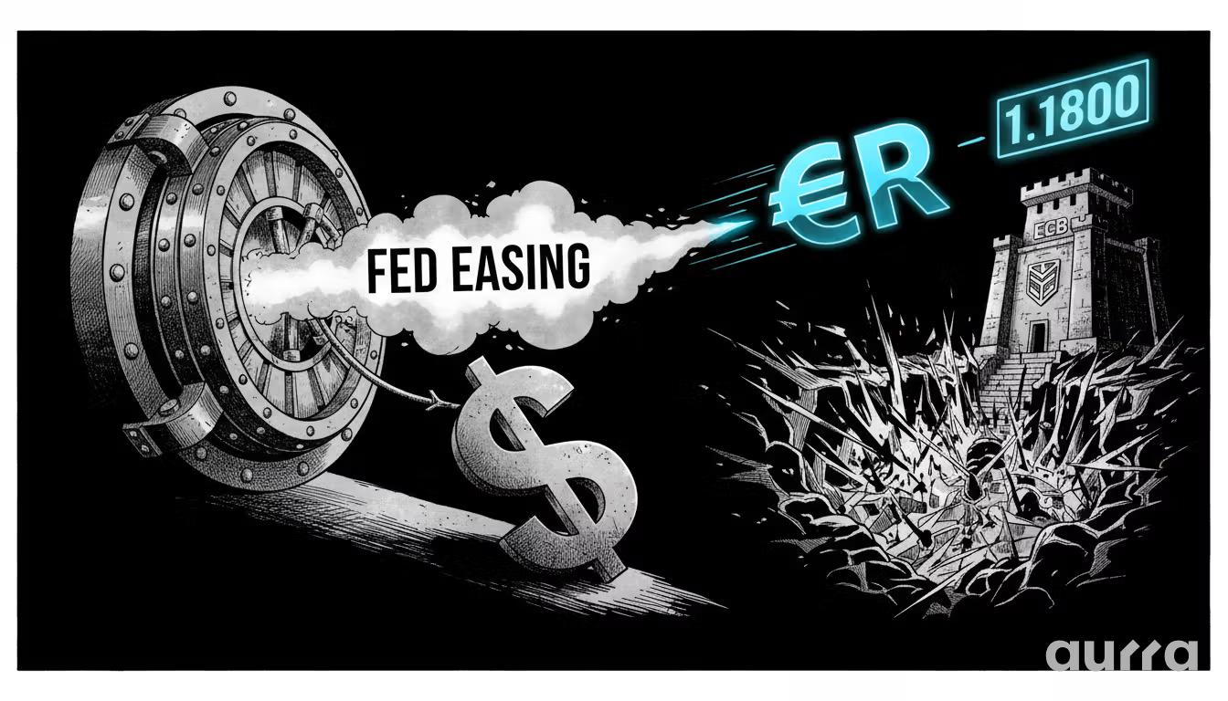 Illustration of a US Federal Reserve vault blowing a cloud labeled "FED EASING" that propels a glowing Euro symbol into a fortress labeled "ECB", representing the currency impact of diverging monetary policies.