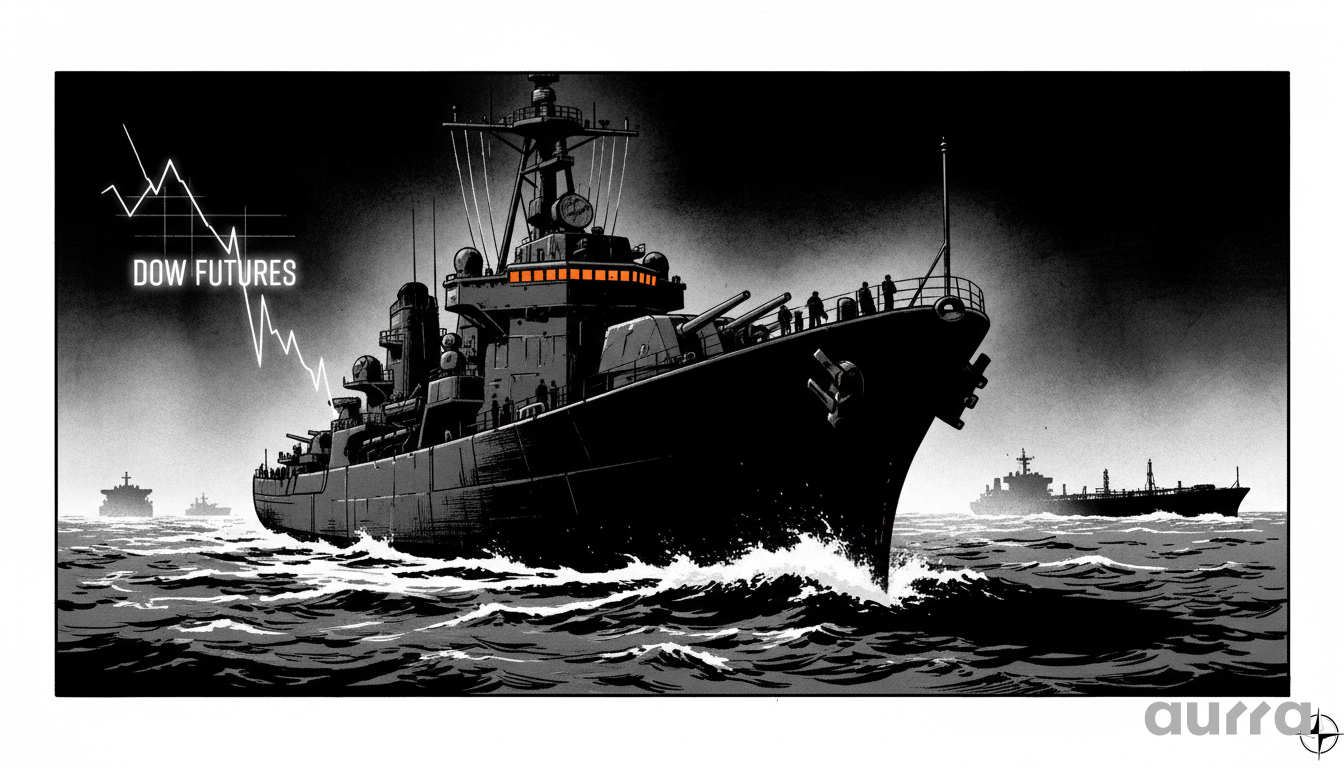 A dramatic illustration of a U.S. Navy battleship at sea with a crashing trend line labeled "DOW FUTURES," representing the market volatility triggered by the Strait of Hormuz blockade.