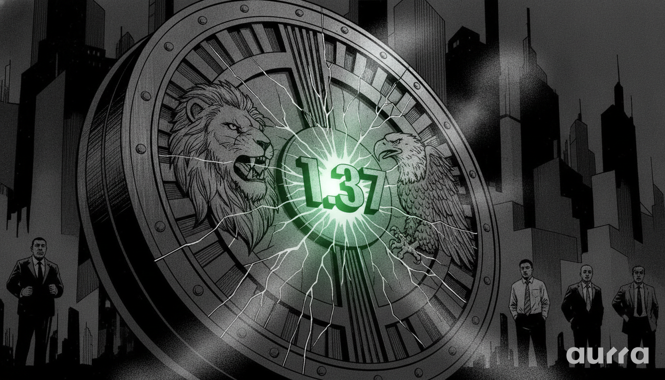 A sketch drawing in image_4c9d6f.jpg showing a glowing green 1.37 symbol between a roaring lion and an eagle on a cracked vault door, with four men in suits standing in the foreground against a dark city skyline.