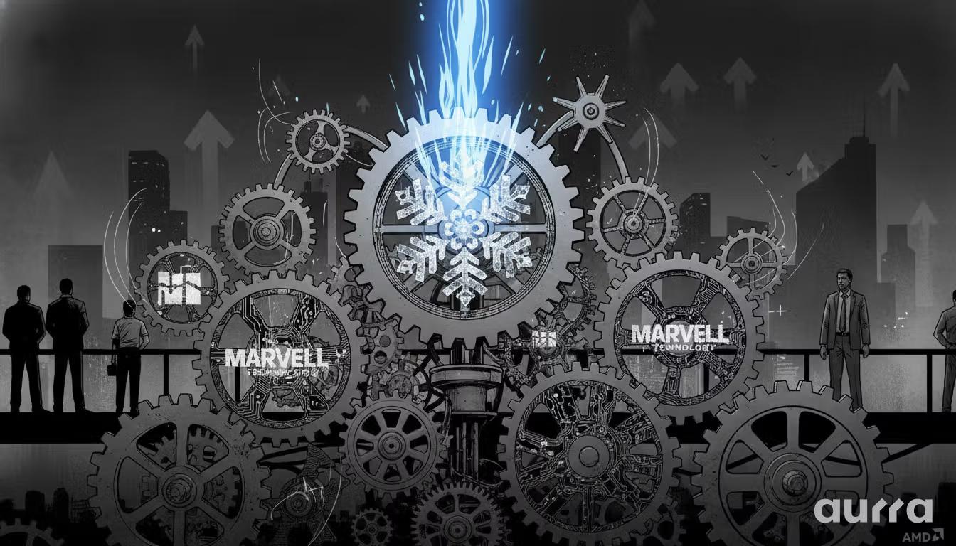 Noir-style illustration of a complex gear system against a city skyline with upward arrows. The largest central gear features a detailed snowflake symbol erupting with brilliant blue energy, flanked by smaller gears labeled MARVELL TECHNOLOGY as observers look on