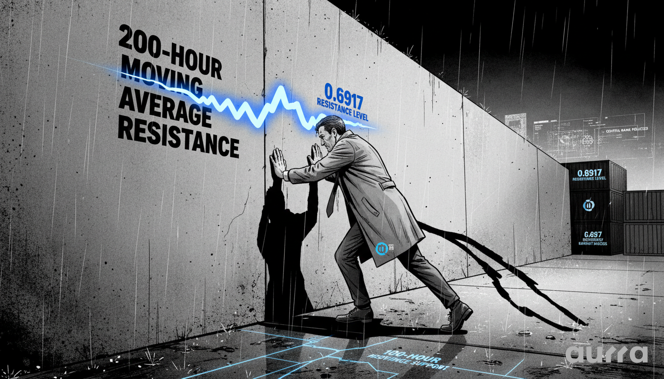Illustration of an investor in a trench coat pushing against a concrete wall in the rain. The wall features a glowing blue trend line labeled 200-HOUR MOVING AVERAGE RESISTANCE ending at 0.6917.