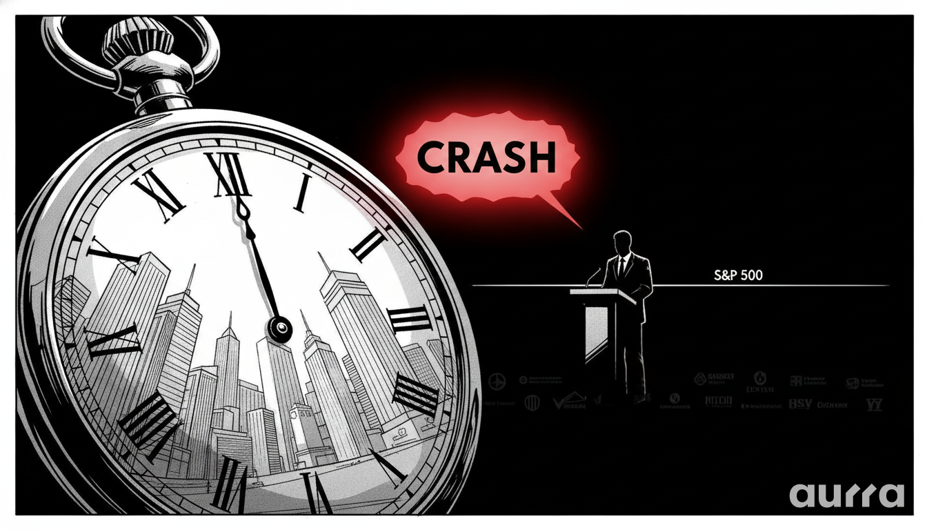 A stylized black-and-white illustration featuring a pocket watch with a city skyline reflected on its face alongside a speaker at a podium labeled S&P 500 under a speech bubble reading CRASH, symbolizing anticipation ahead of the Jackson Hole address.