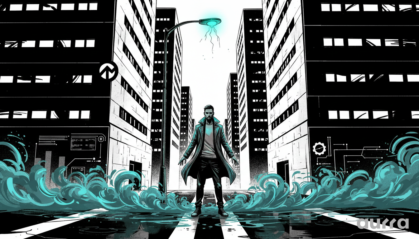 Noir-style illustration of a trader standing motionless in a city street while turbulent blue energy swirls around his feet, symbolizing the "indecision" and "consolidation" phase of the Silver market as it struggles for direction.