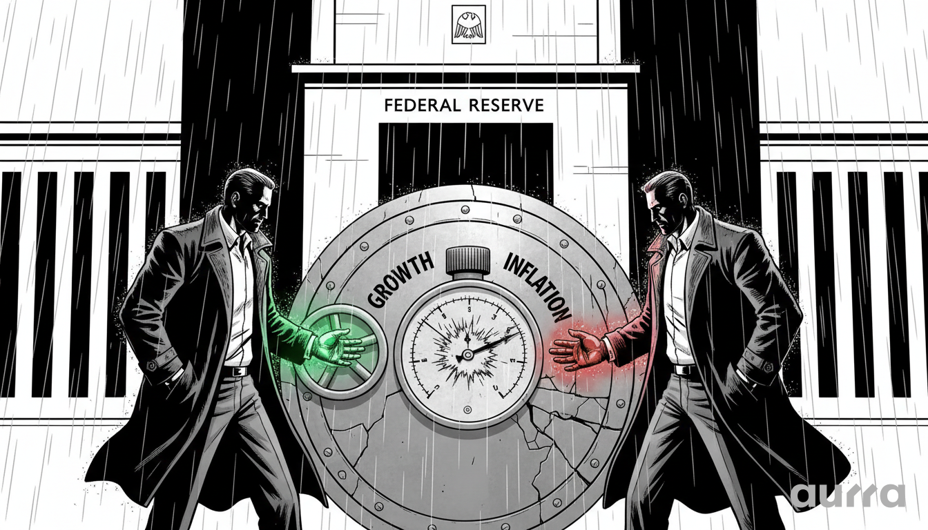 Noir-style illustration of two men in trench coats standing before a Federal Reserve vault door that acts as a gauge split between "Growth" and "Inflation," representing the conflicting priorities within the central bank.
