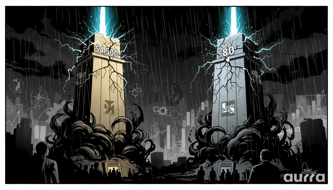 Noir-style illustration of two massive stone monoliths labeled "$4,500" and "$80" being struck by blue lightning, representing the critical resistance tests for Gold and Silver.