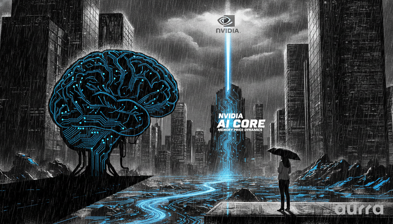 A sketch drawing in image_905d4b.jpg showing a large glowing blue digital brain connected to a cliff edge, with a person holding an umbrella watching a bright beam of light strike a building in a futuristic city during a rainstorm. The text NVIDIA AI CORE MEMORY PRICE DYNAMICS is displayed.