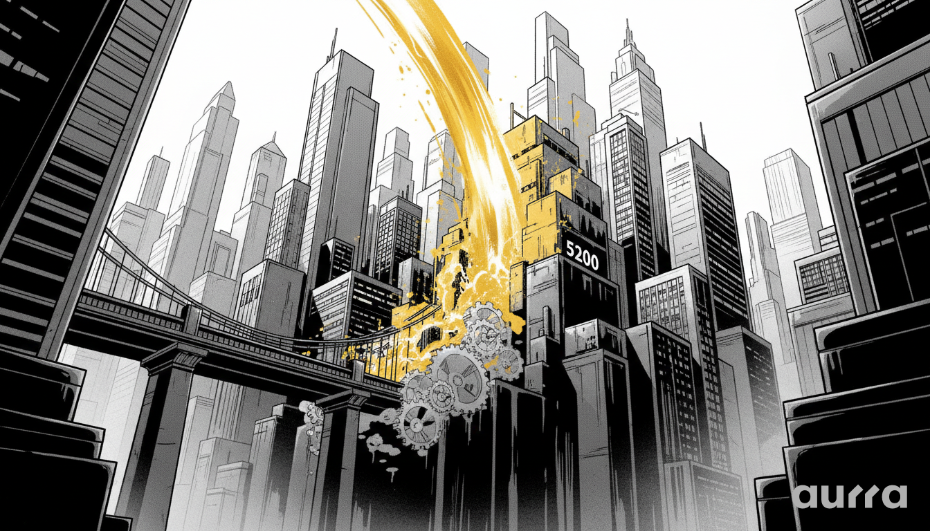 Noir-style illustration of a glowing golden wave crashing up the side of a towering skyscraper labeled 5200, symbolizing the bullish surge of Gold toward the critical technical resistance level.