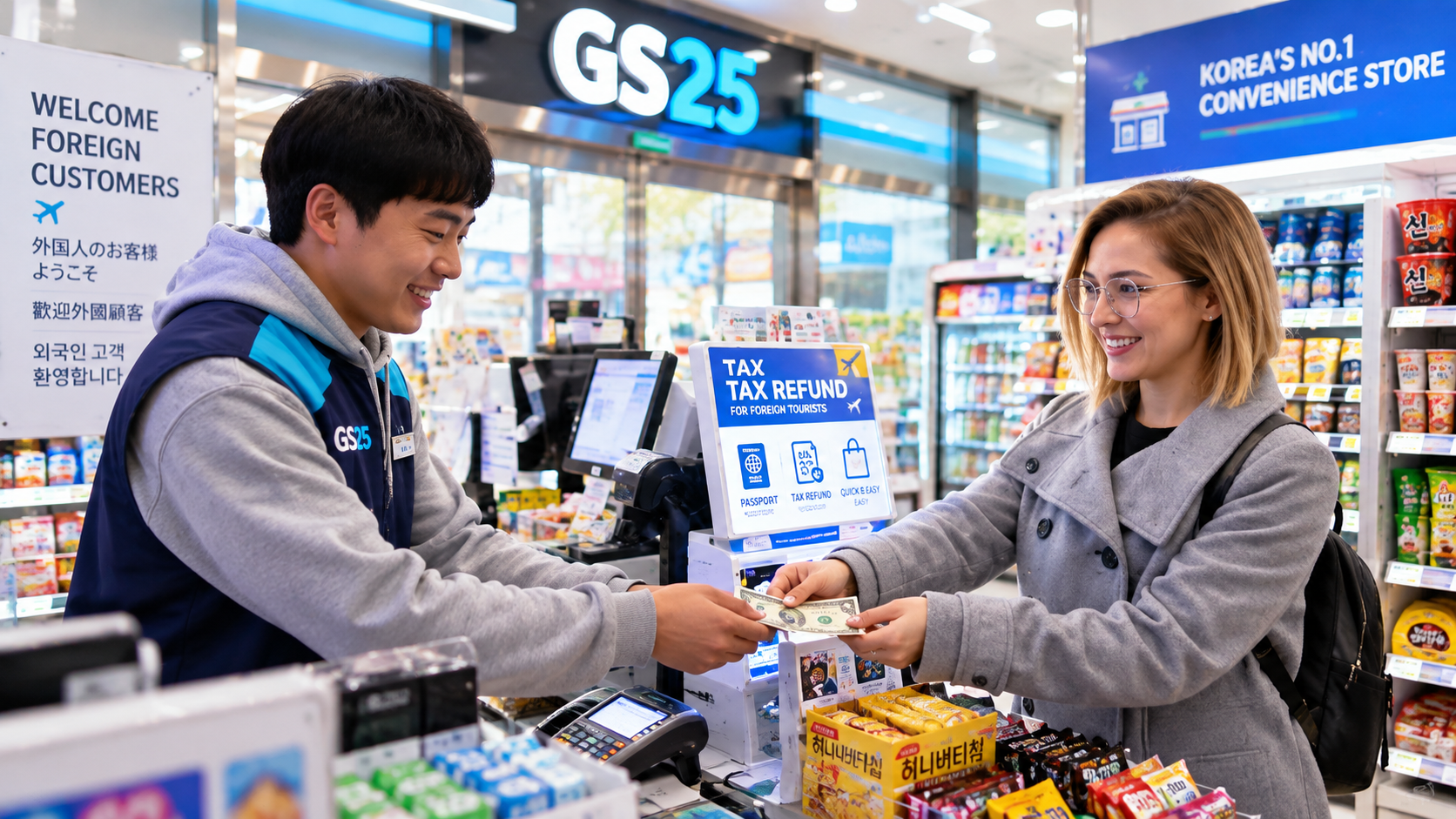 Foreign visitors shopping inside a Korean convenience store