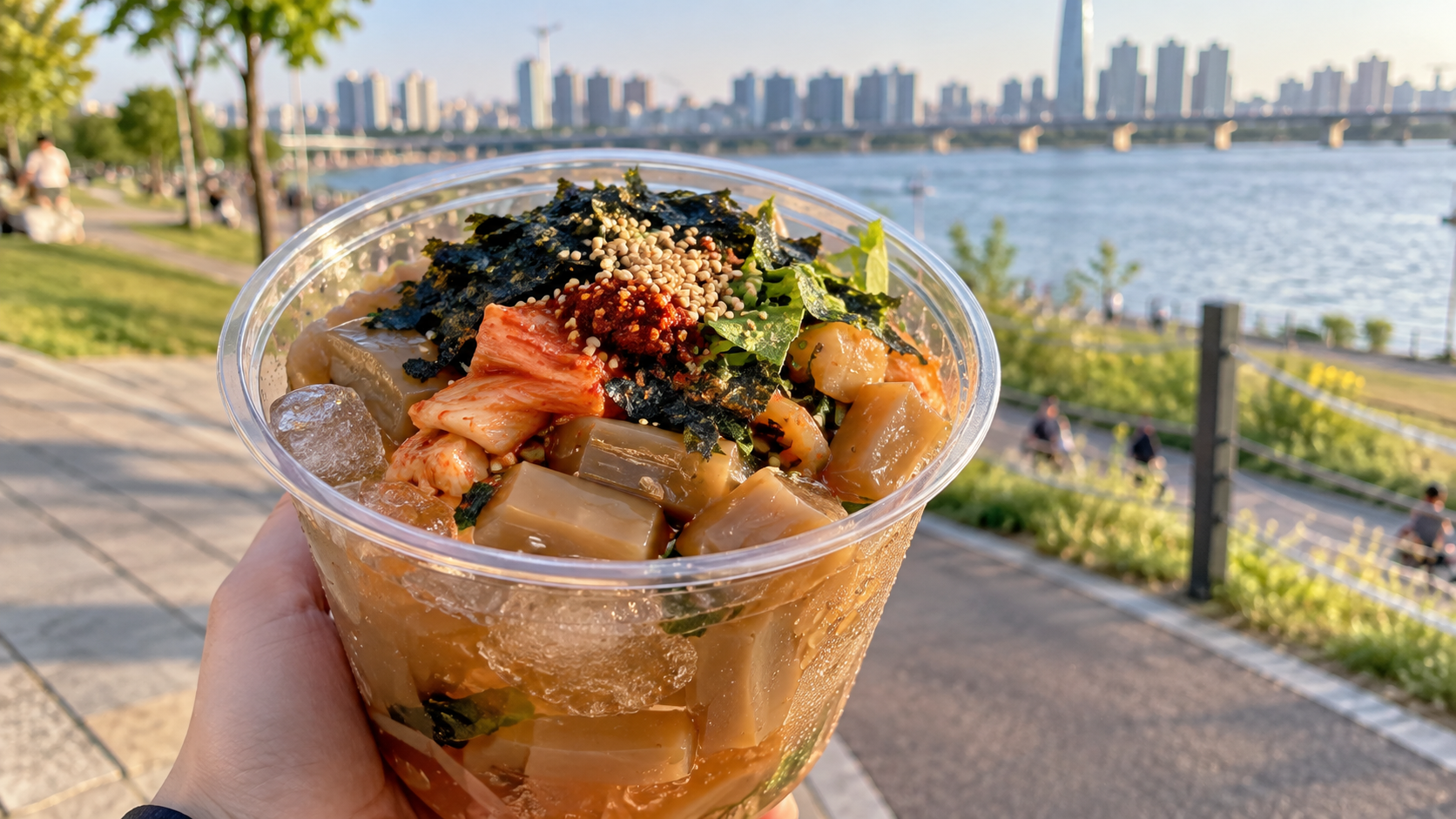 A portable cup of Korean dotorimuk acorn jelly meal