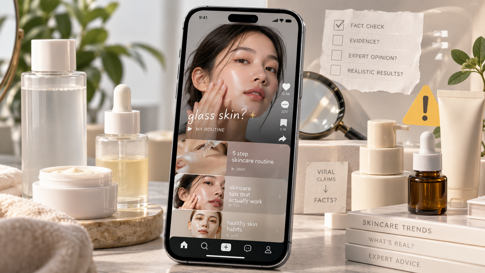 Smartphone displaying viral Korean skincare content beside unbranded skincare products and safety warnings
