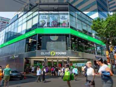 An Olive Young store in a busy Korean tourist shopping district
