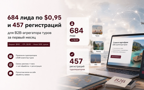 684 лида по $0,95 и 457 регистраций для B2B-агрегатора туров за первый месяц