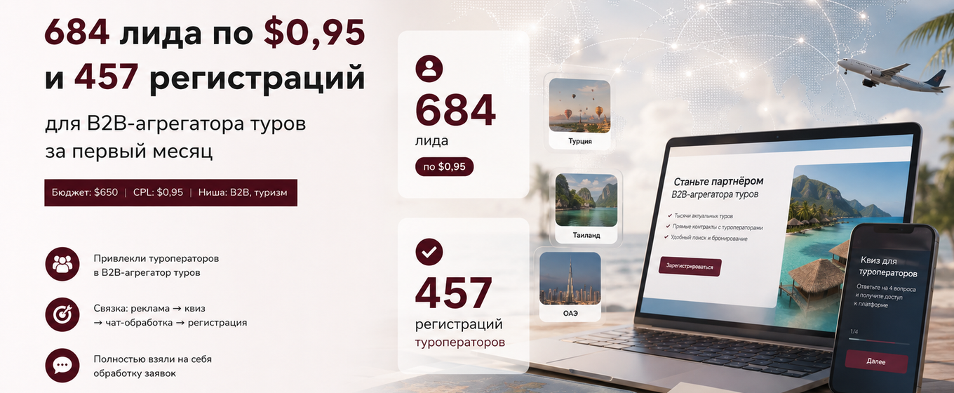 684 лида по $0,95 и 457 регистраций для B2B-агрегатора туров за первый месяц