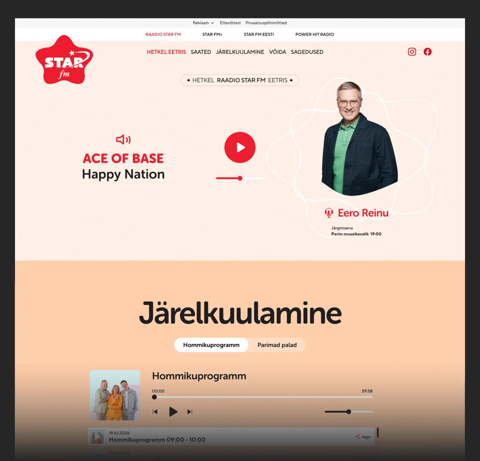 Star FM-i avalehe kujundus otse-eetri ja saateinfoga