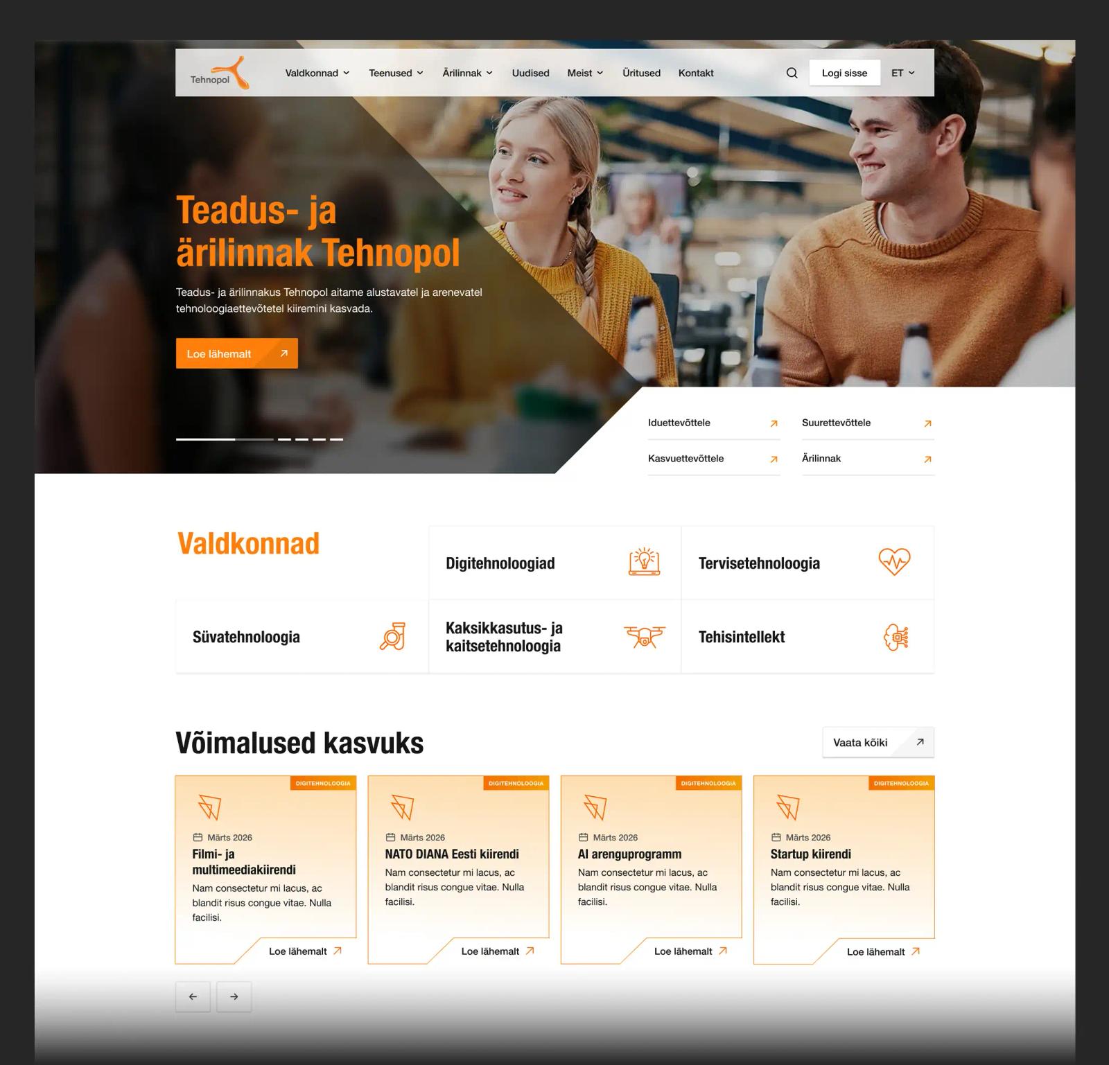 Tehnopoli avalehe kujundus tegevusvaldkondade ja arenguprogrammidega