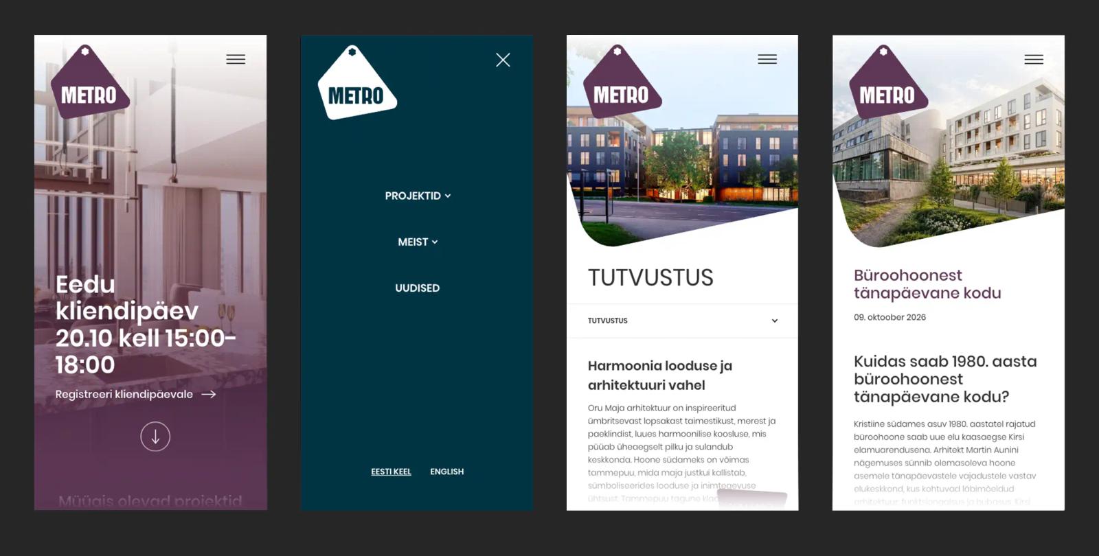 Metro kinnisvaraveebi kujundus mobiilivaates