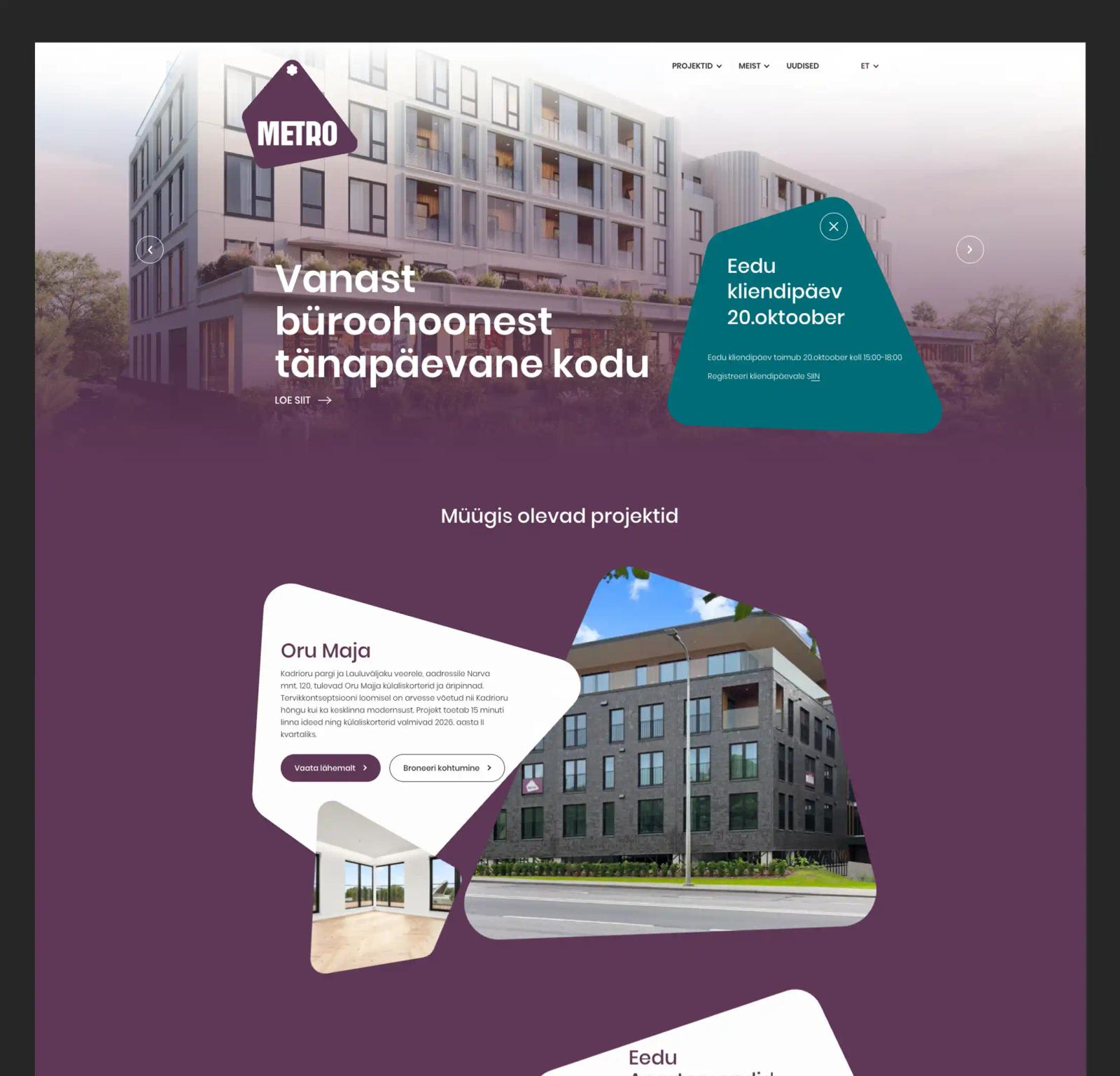 Metro avalehe kujundus kinnisvaraarenduste tutvustustega
