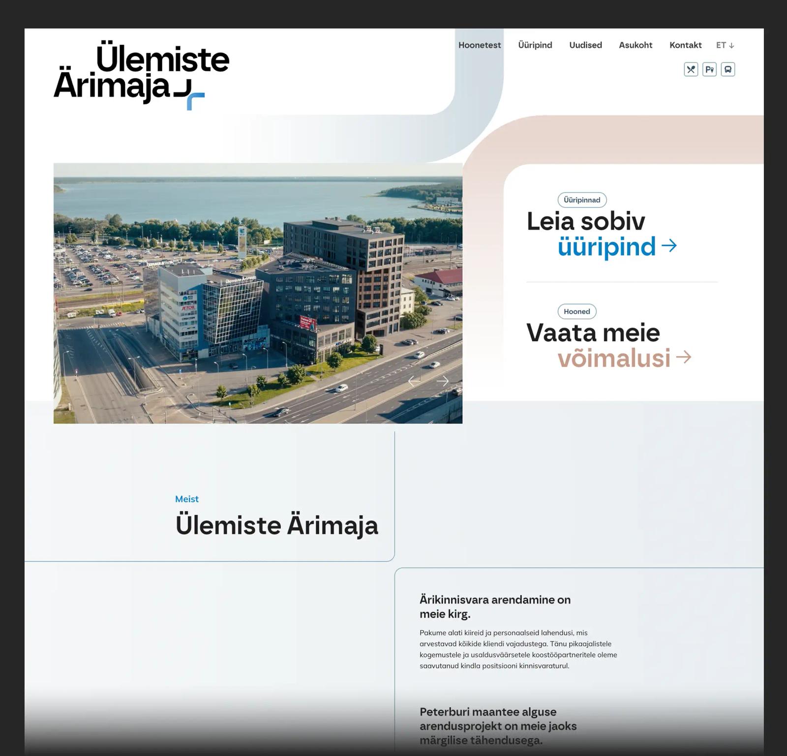 Ülemiste Ärimaja avalehe kujundus hoonete tutvustusega