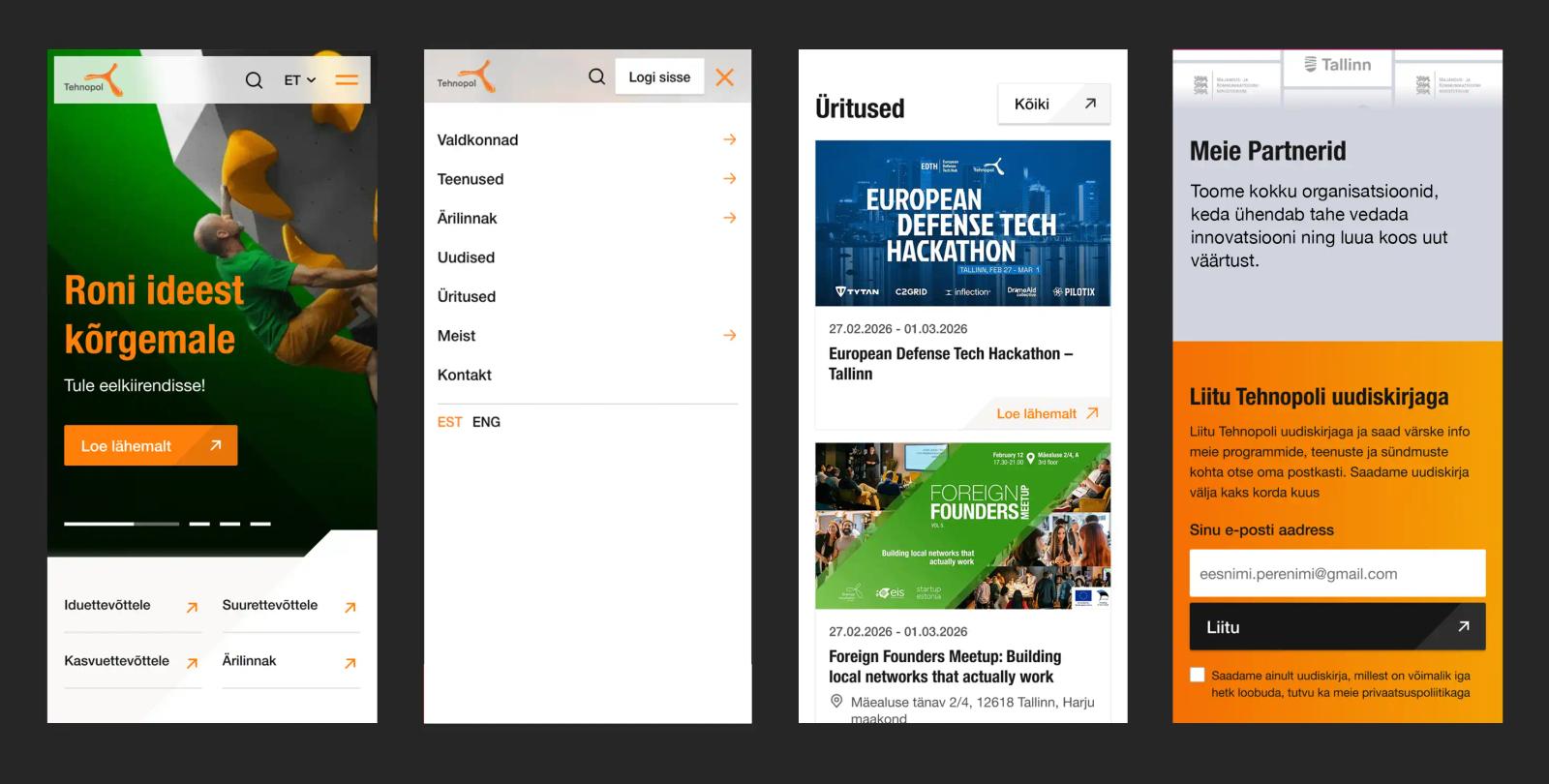 Tehnopoli veebilehe avaleht, menüü ja uudised mobiilivaates