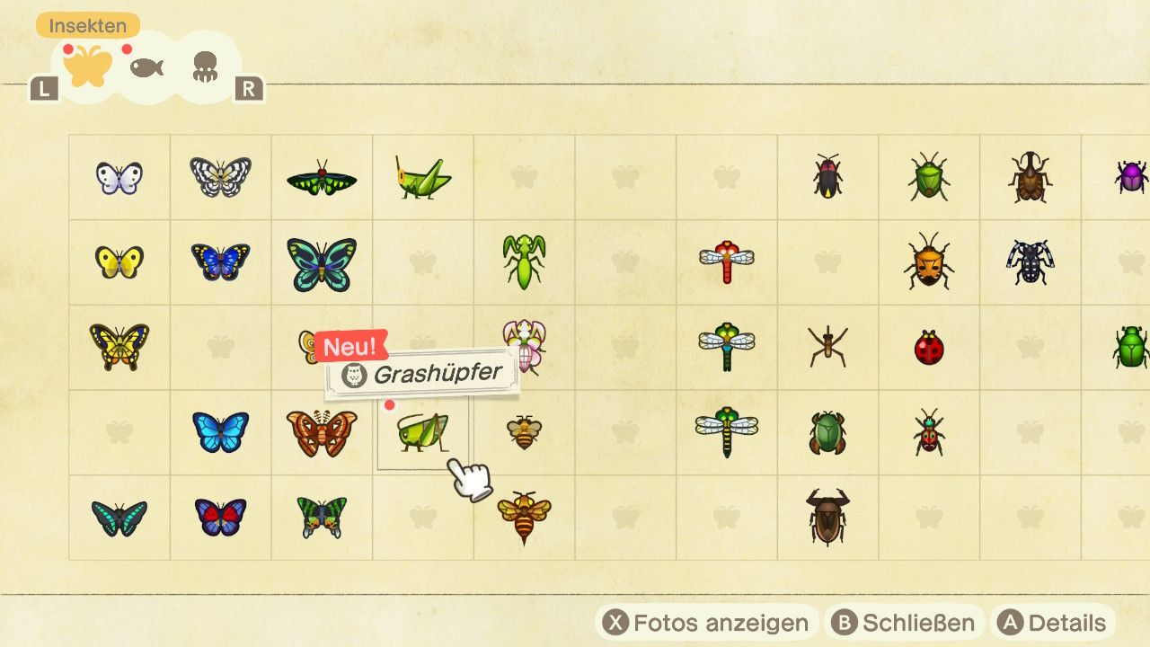 Ein Screenshot von einem Katalog in einem Spiel, das alle bisher gefangenen Insekten beinhaltet. Etwa die Hälfte aller im Spiel fangbaren Insekten wurde bereits gesammelt. 