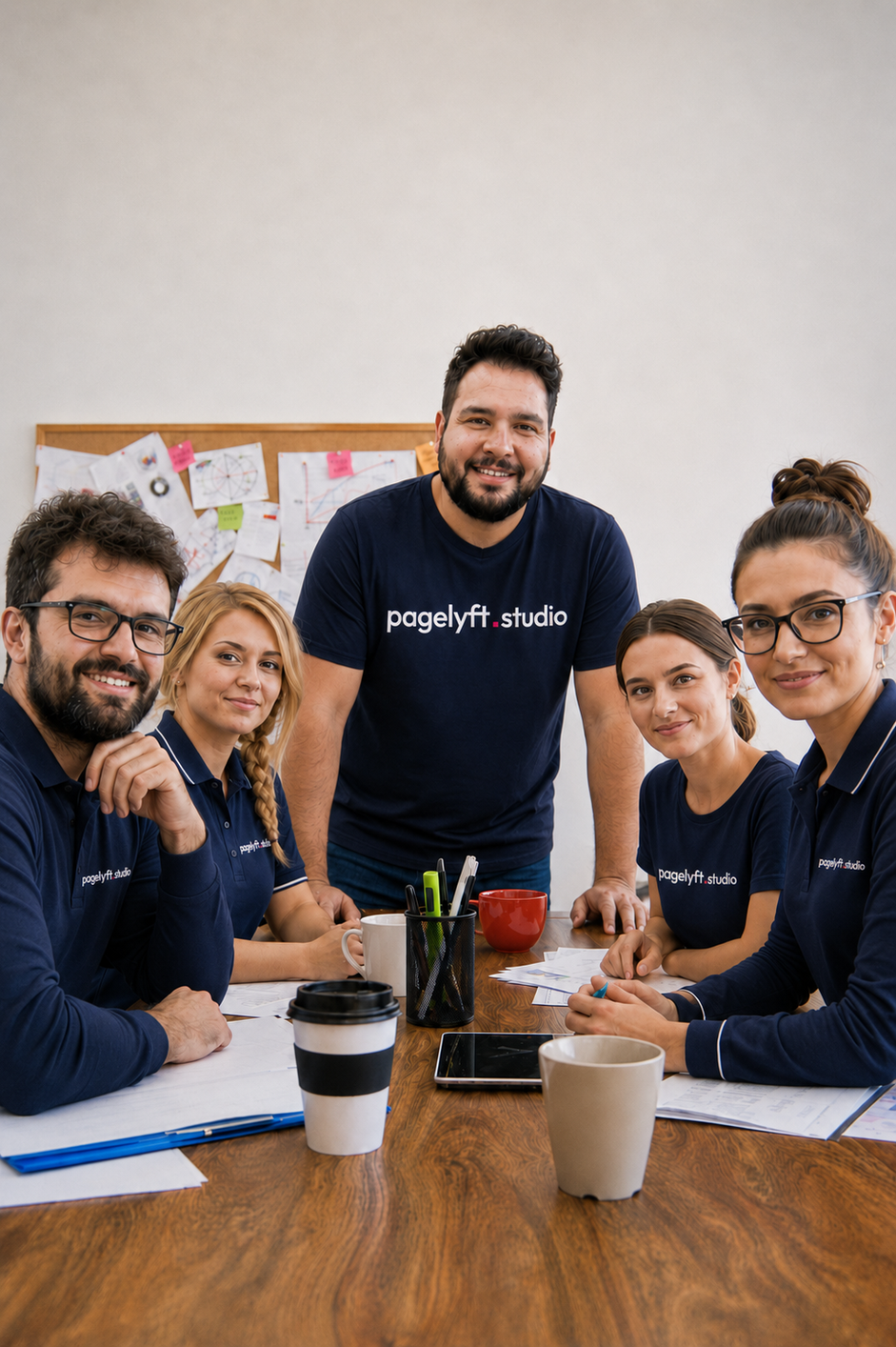 PageLyft studio team collaborating around a table in the Miami office