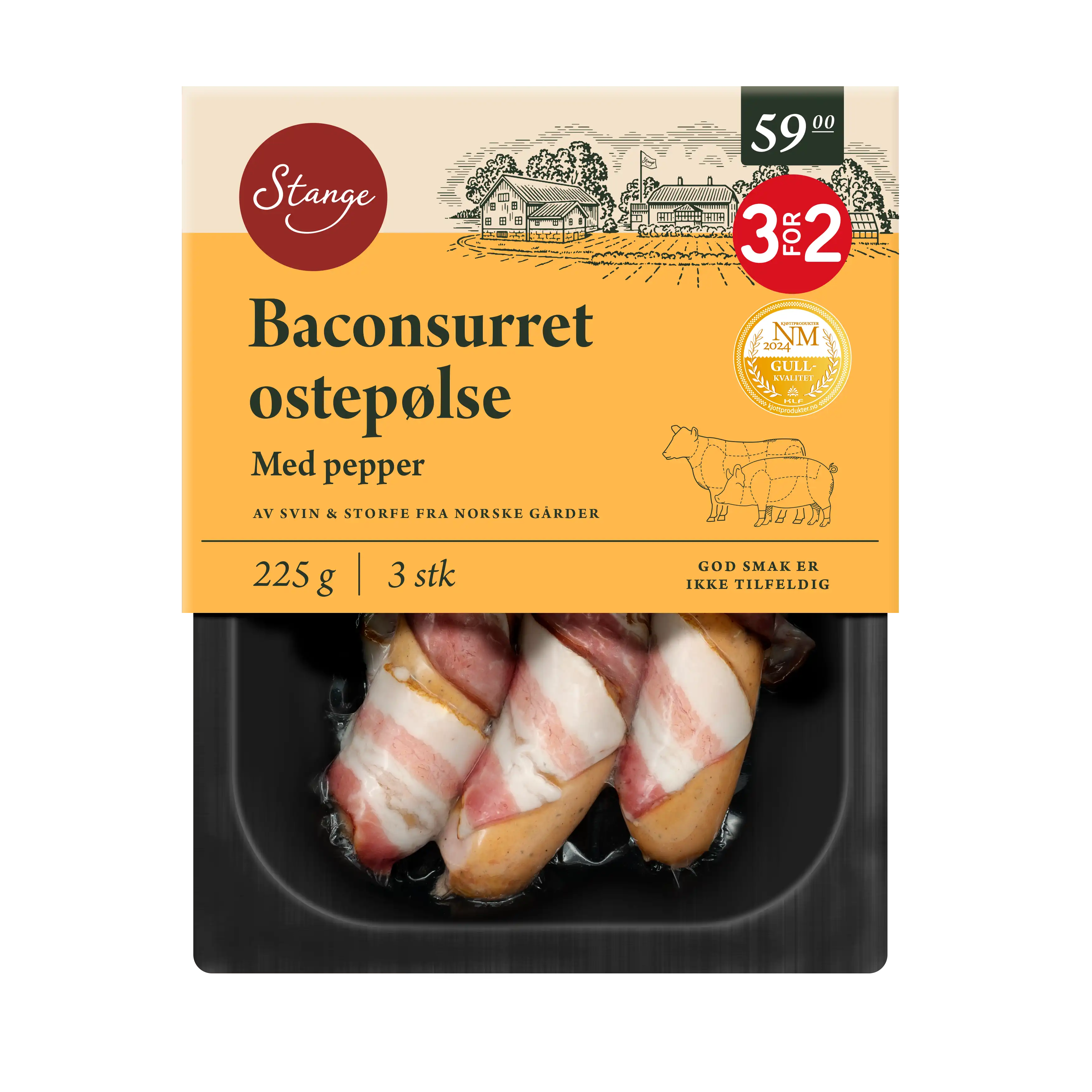Baconsurret ostepølse med pepper