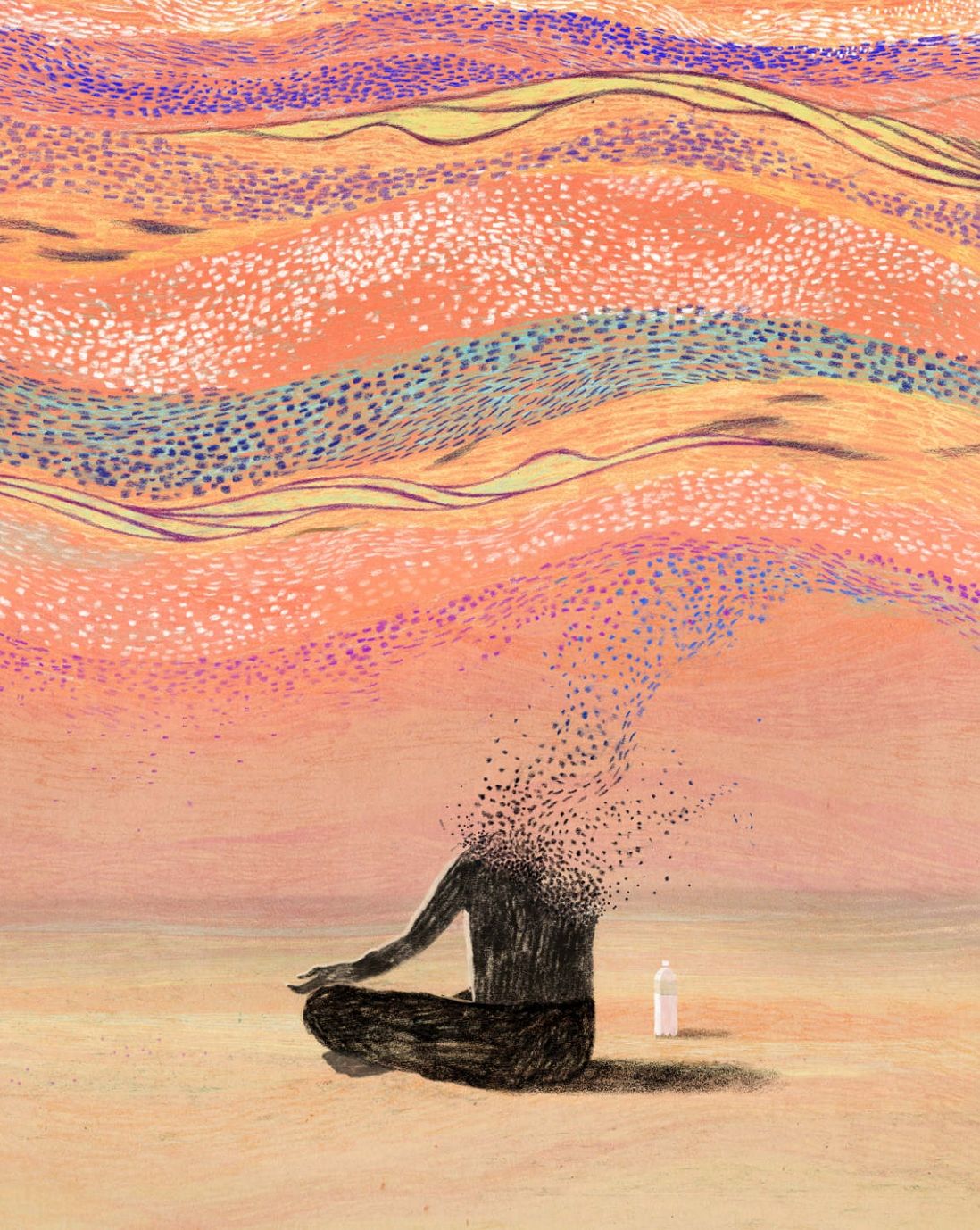 fantastical illustration of a person's silhouette sitting crossed legged, as their body "vaporizes" into colorful particles that dot the sky above, creating a wave of patterns