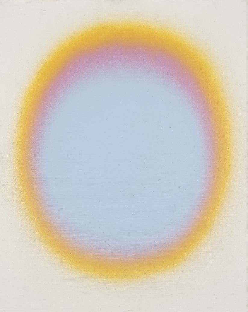 Acrylic polymer artwork by Stanley Twardowicz, “C.Y.P.B. #2”, rings of glowing colours of blue, pink and yellow
