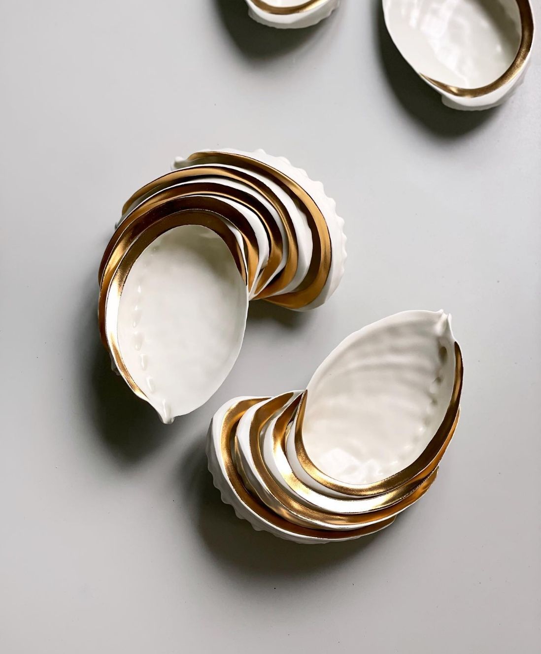 Stacked ceramic abalone shells with gold lining 