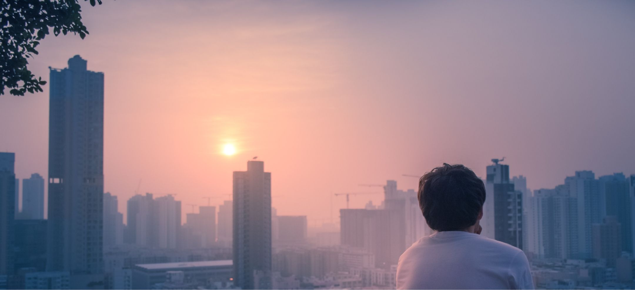 A man looking out to the Hong Kong cityscape while the sun sets