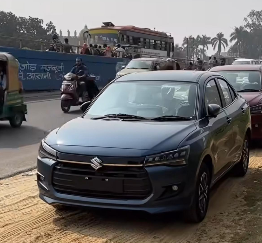 Front view of the 2024 Maruti Dzire showcasing the redesigned grille and LED headlights