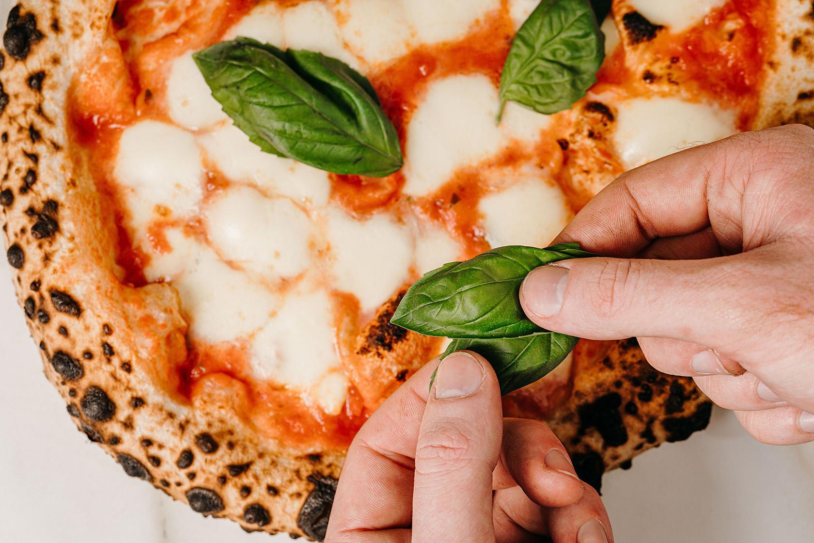 Fresh basil leaves being placed on a Margherita pizza