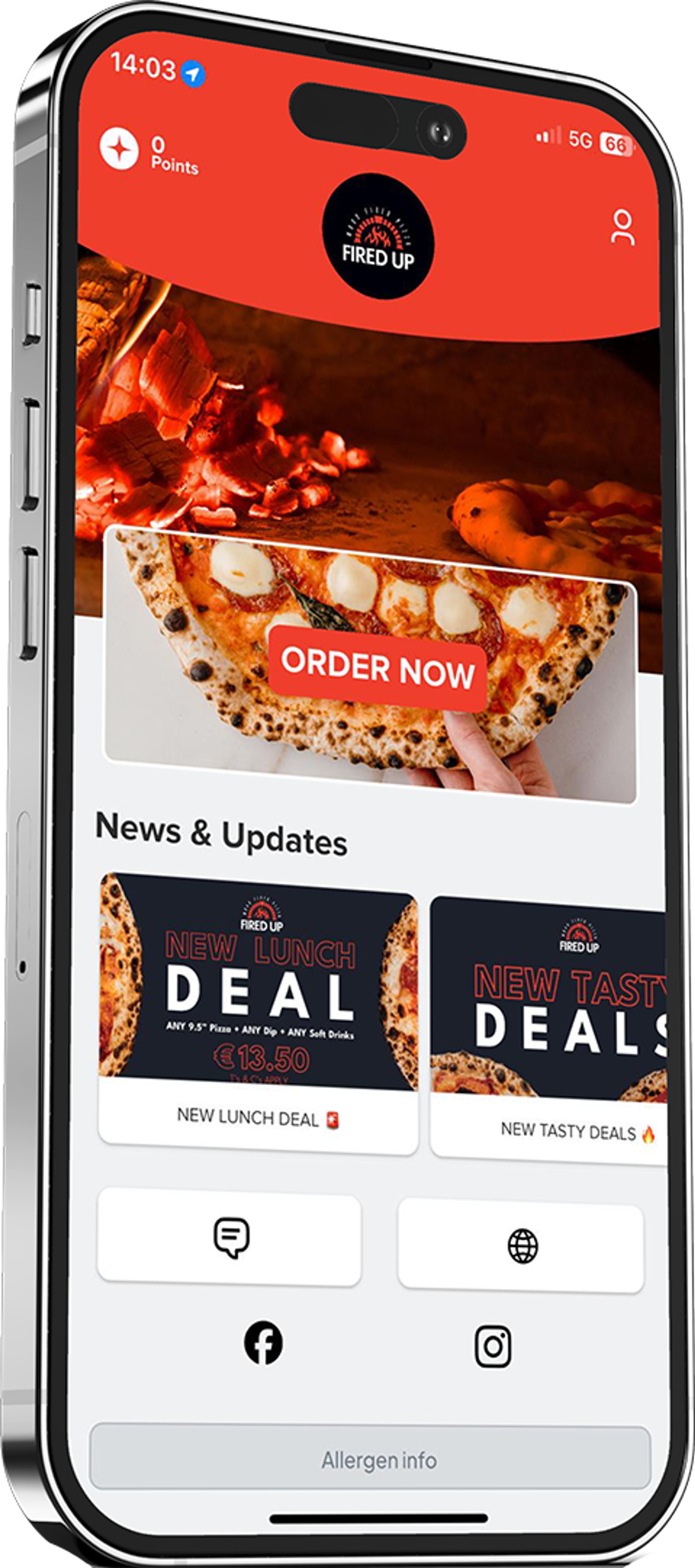 The Fired Up Pizza app open on a phone