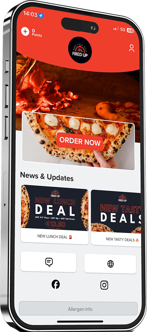 The Fired Up Pizza app open on a phone