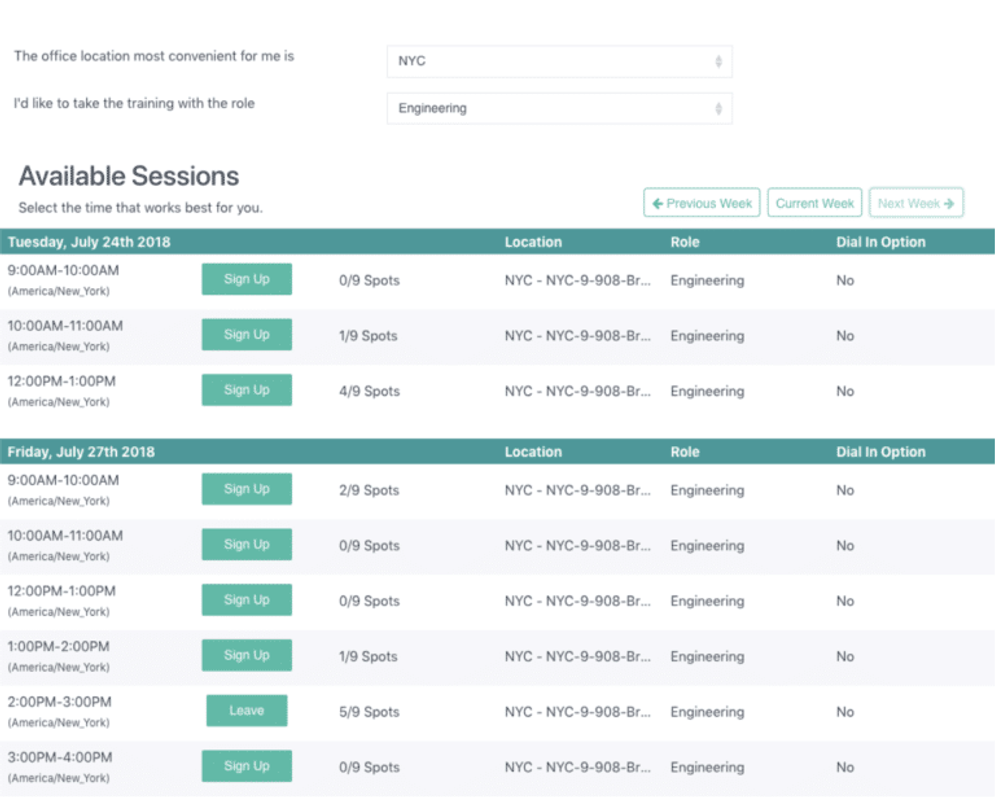 A screenshot from the Elevate Platform showing scheduled security training sessions