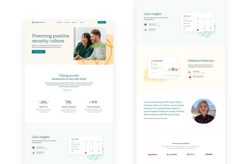 Screenshots of Elevate's new website homepage