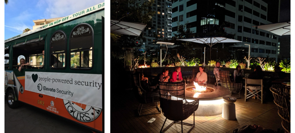 Left – Trolley with Elevate Security banner; Right – a group of security awareness practitioners around a firepit at a meetup
