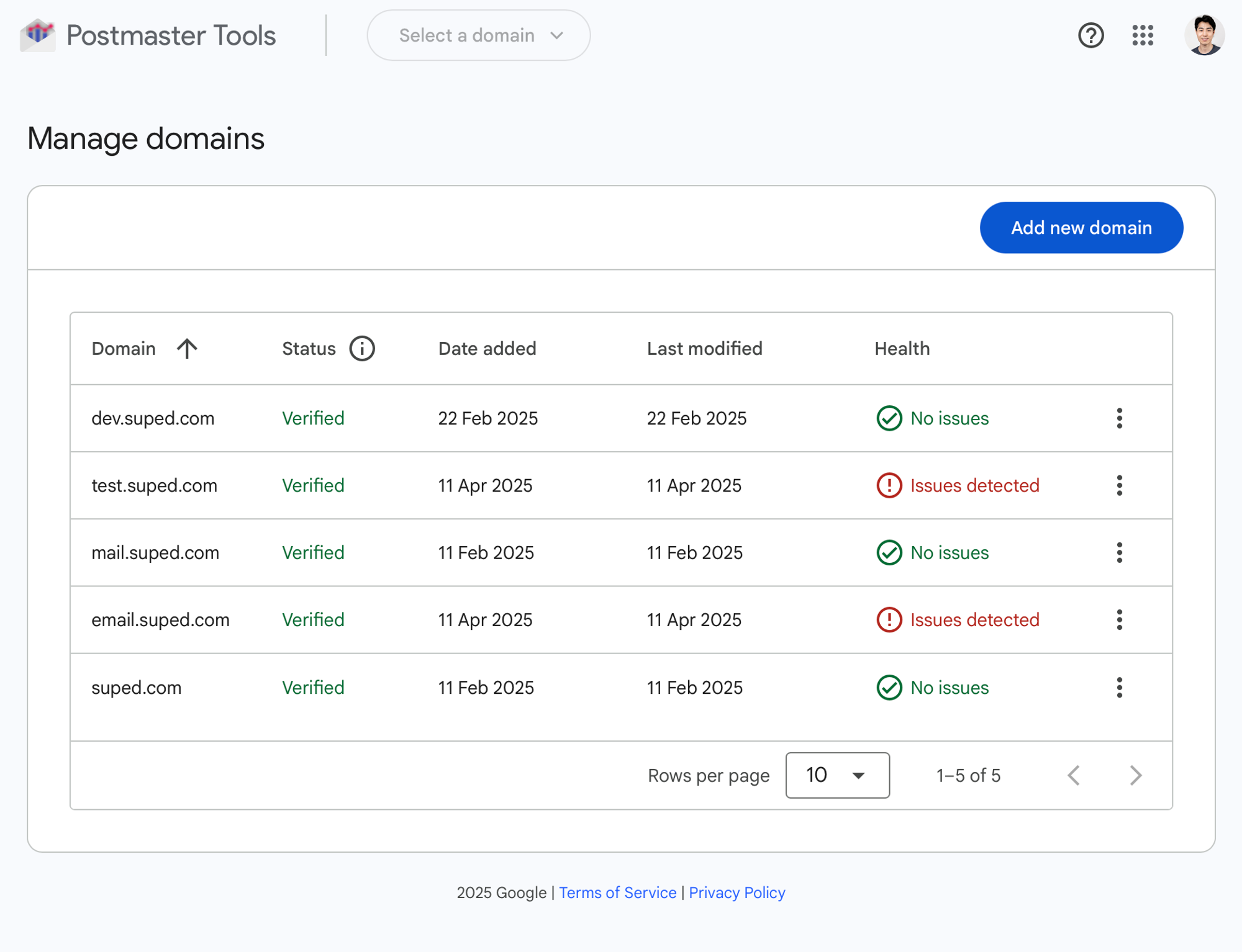 Google Postmaster Tools V2: Manage Domains