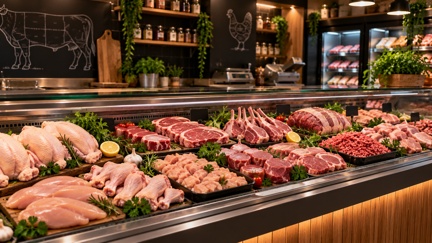 Fresh chicken, steaks and lamb on display