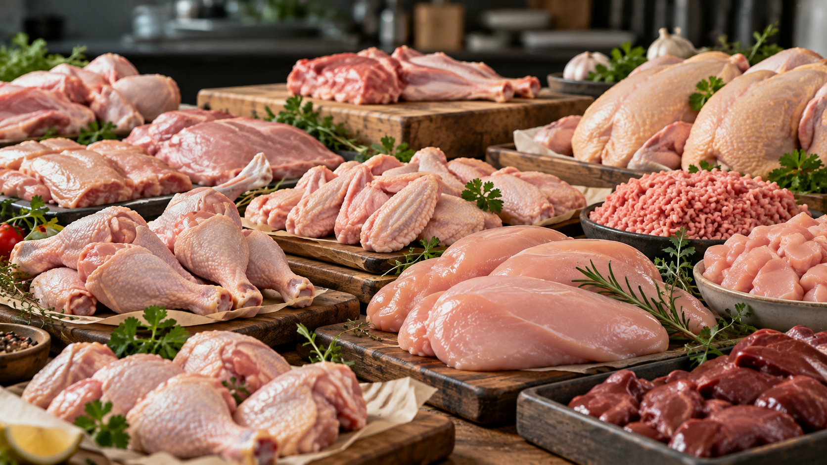 Fresh chicken cuts, mince and red meat on wooden boards