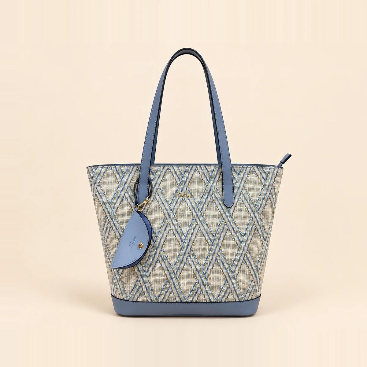 Blue Lattice Woven PP Straw Zip Top Tote Bag | ODM Purse Factory — image 1