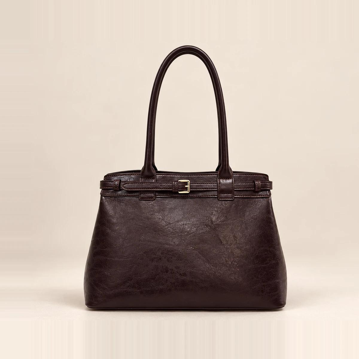Burgundy Distressed PU Belt-Buckle Satchel | OEM Handbag Manufacturer — image 1