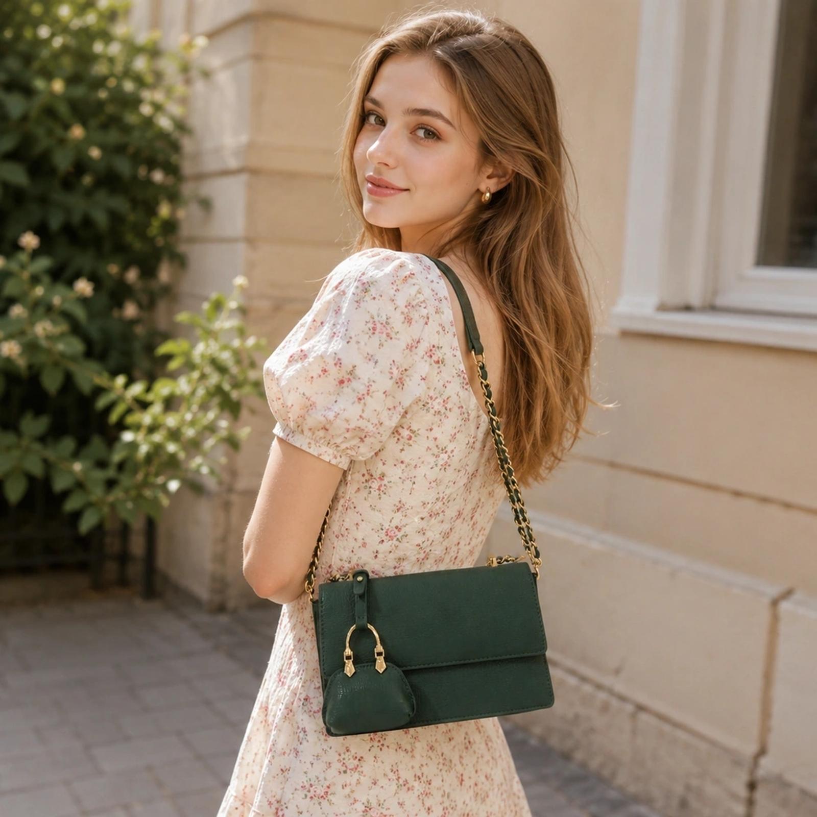 Green Grained PU Flap Bag with Coin Purse Charm for OEM Buyers thumbnail 2