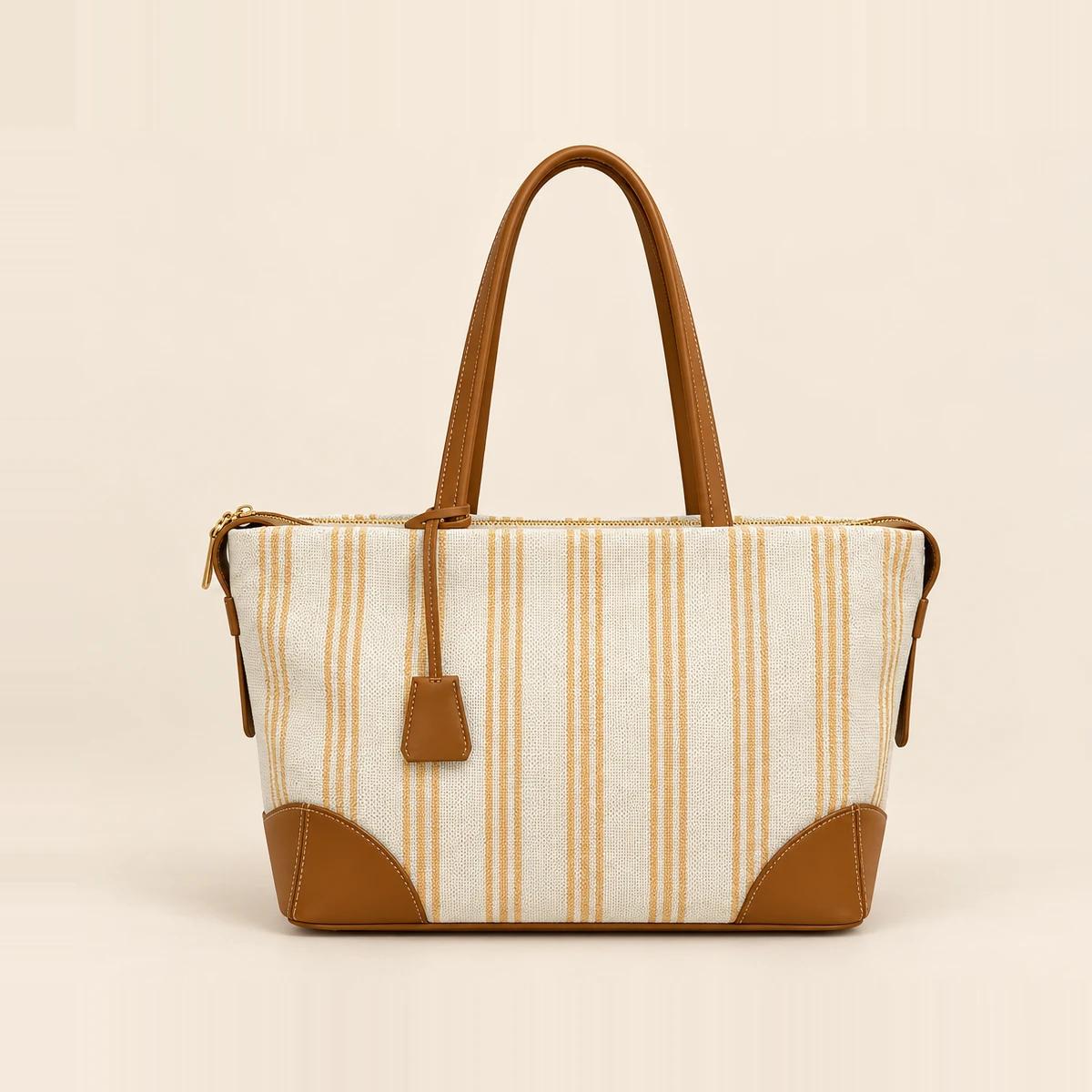 Cream Tan-Stripe Canvas Zip-Top Tote Bag | Private Label Bag Supplier