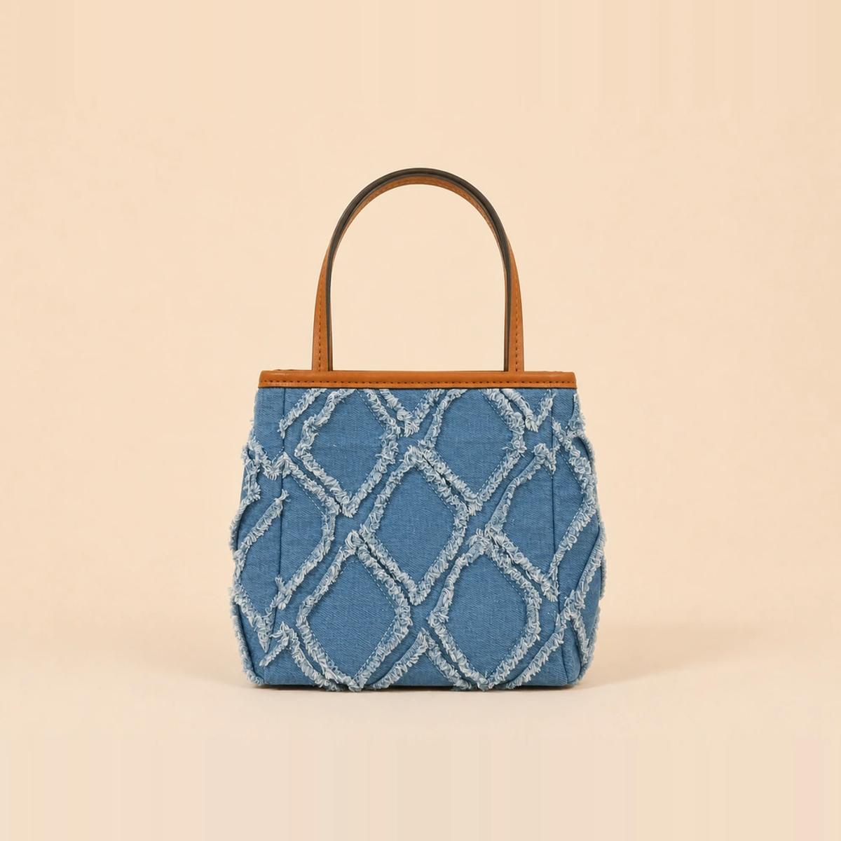 Frayed Denim Patchwork Mini Tote Bag | Leather Trim OEM Manufacturer — image 1