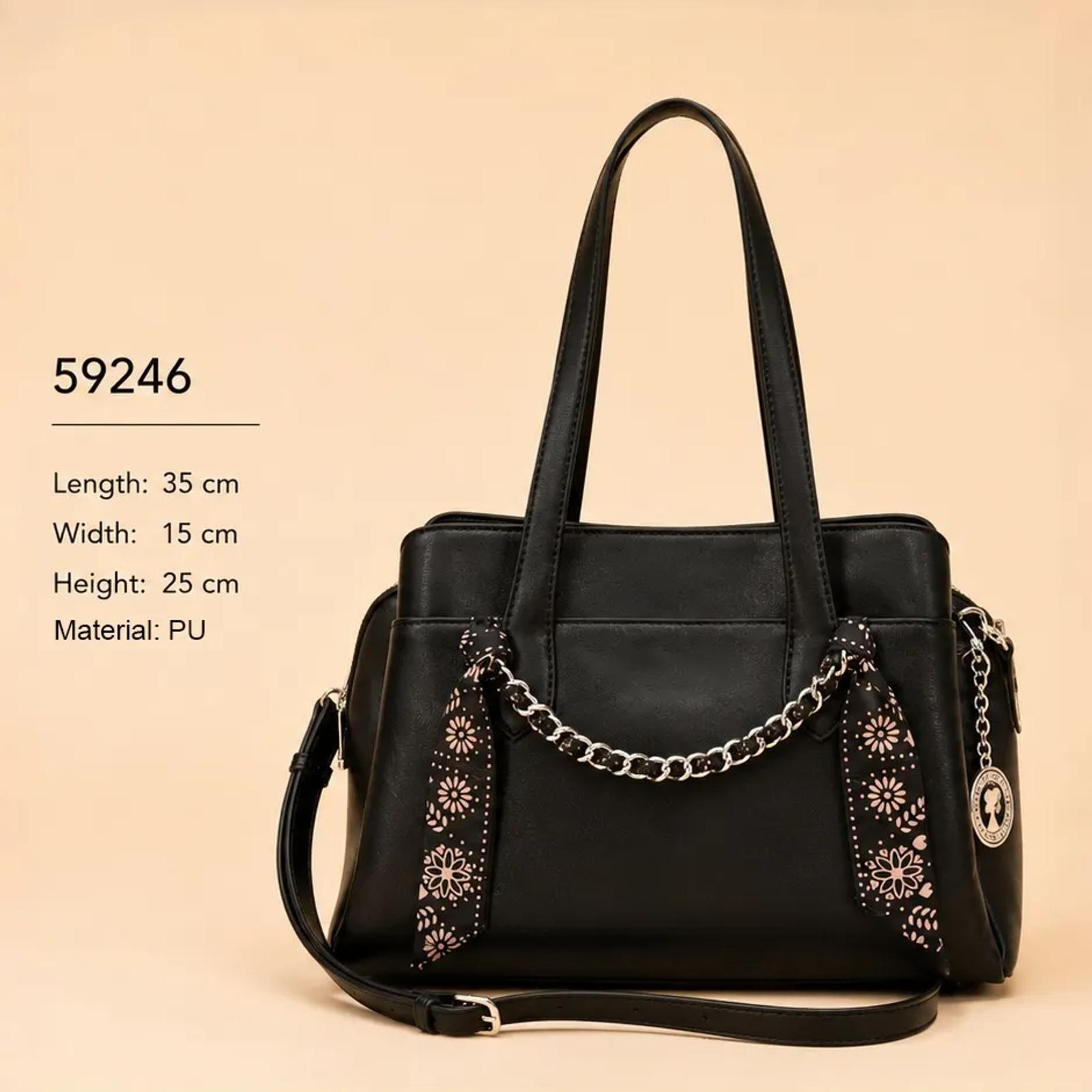 Structured Black PU Satchel with Chain Trim & Dual Handles thumbnail 2