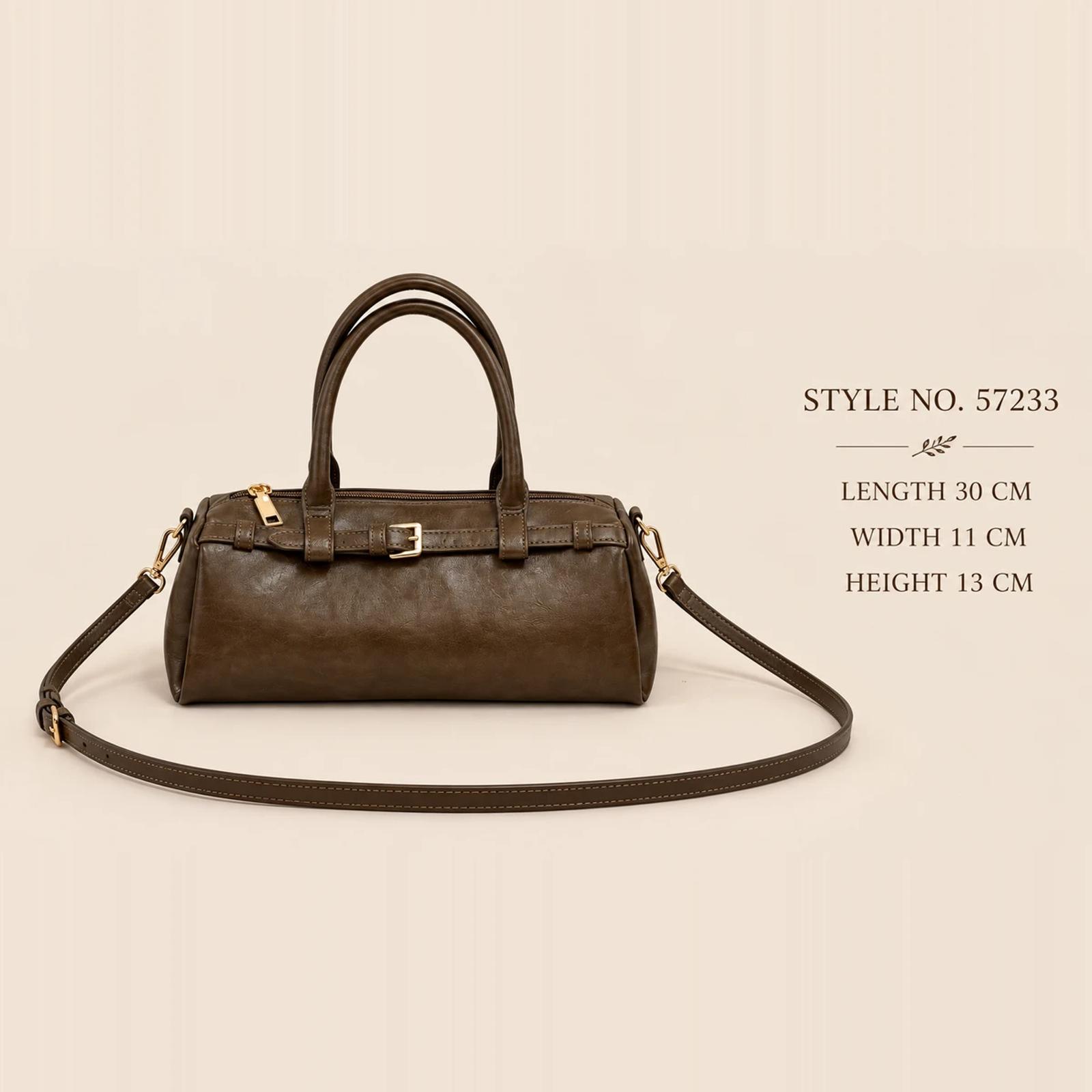 Brown Crackled PU Buckle-Strap Boston Bag | Private Label Bag Supplier thumbnail 2