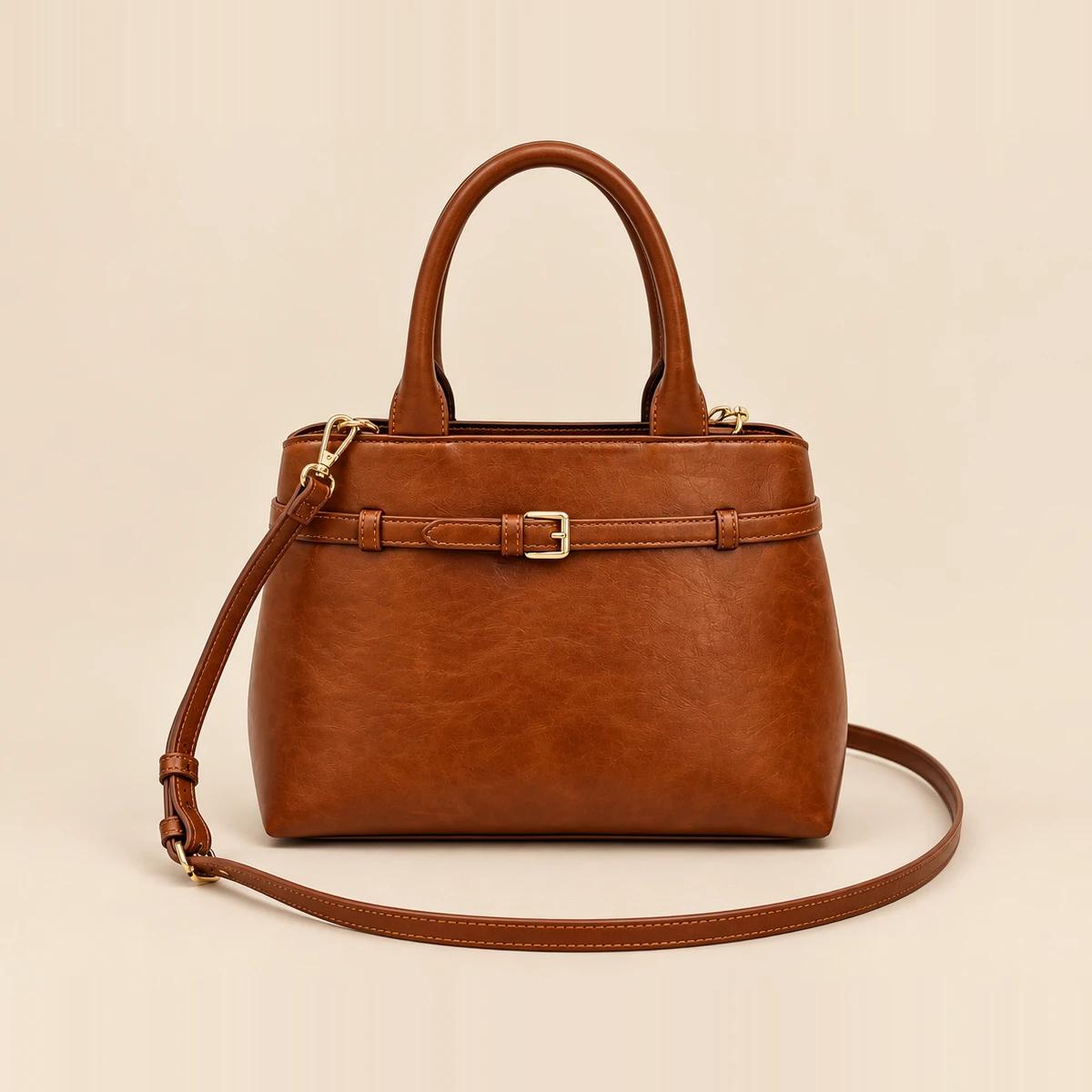 Cognac Crinkle PU D-Ring Top Handle Bag | Custom Handbag Manufacturer — image 1