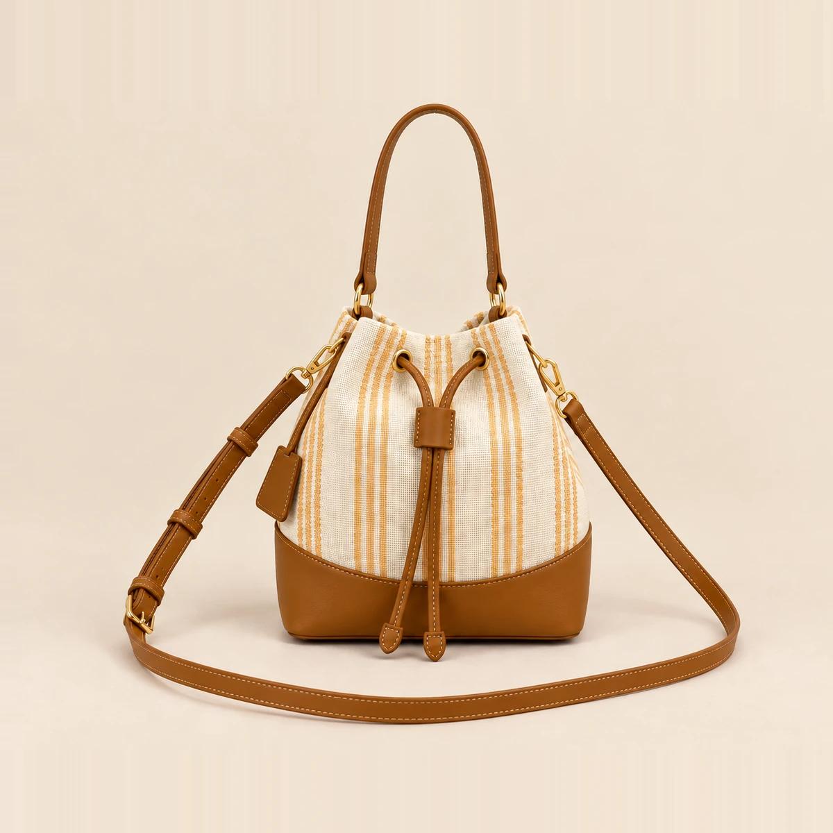 Beige Striped Canvas Drawstring Bucket Bag | OEM Handbag Manufacturer